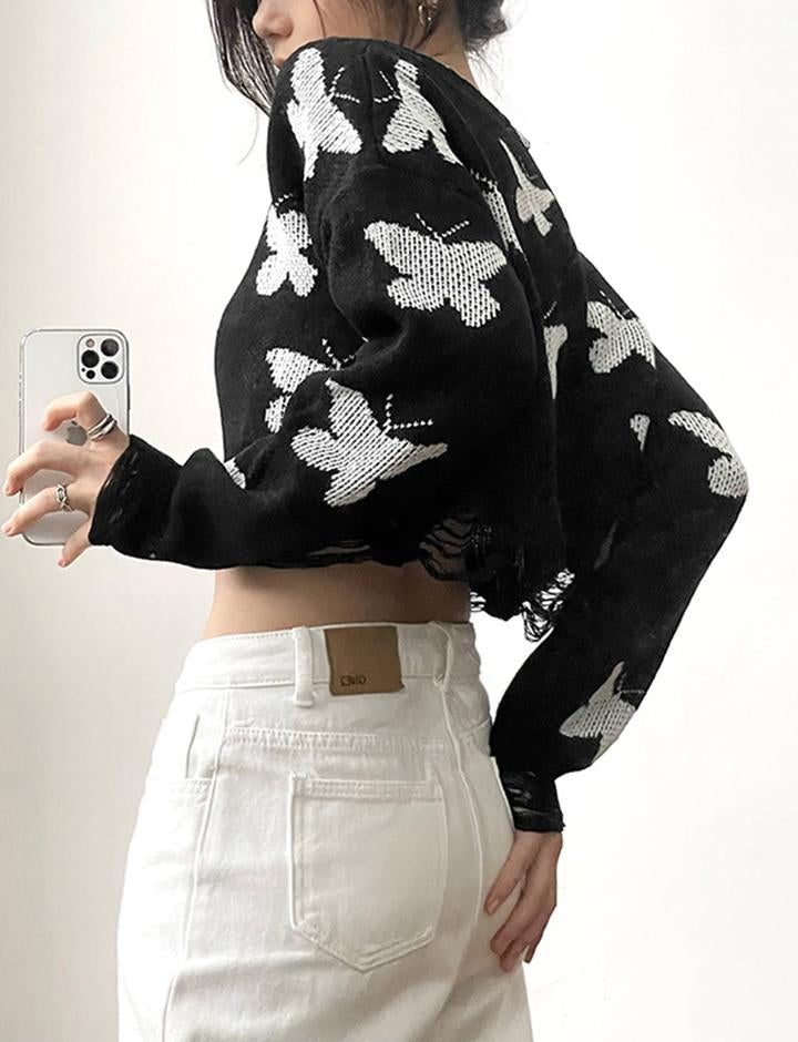 Loose Short Butterfly Crew Neck Long Sleeve Sweater
