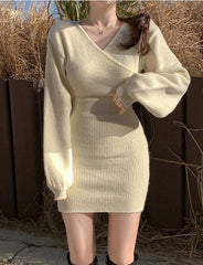 Cross V Neck Knitted Slim Long Sleeve bodycon Dress