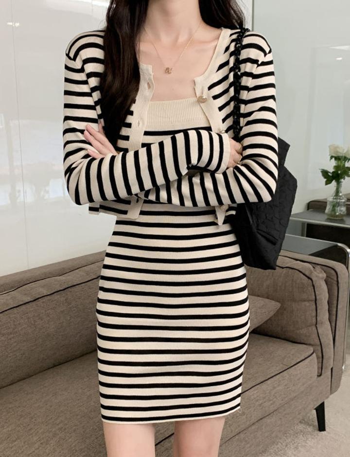 Striped Knit Slip Skirt Single Breasted Knit Cardigan Dress Two-Piece Set