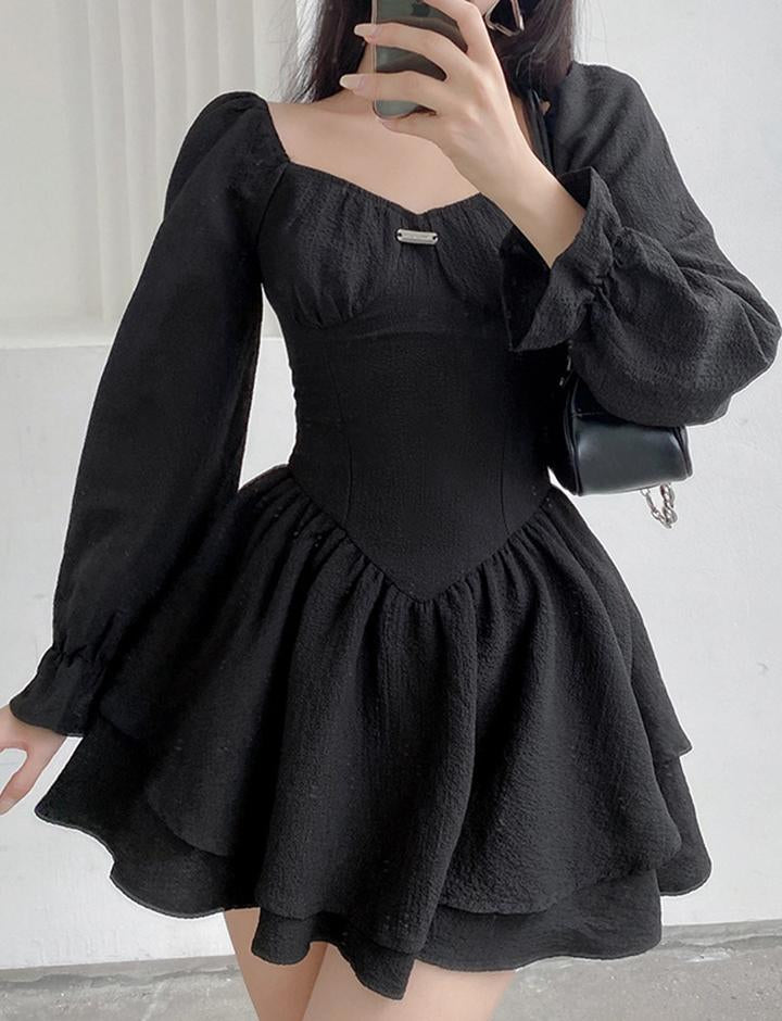 Square Neck Puff Long Sleeve Nipped Waist Double Skirt