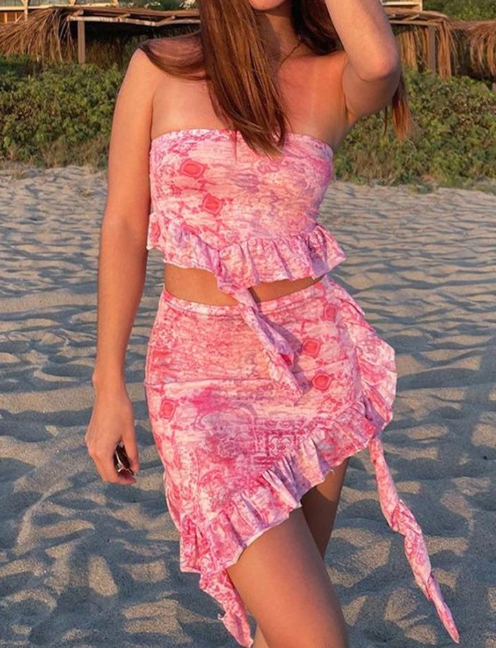 Ruffle Streamer Summer Pink Print Sleeveless Tank Top and Skirt Set