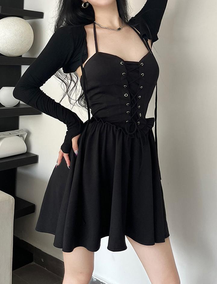 Waist Tie Long Sleeve Lace-Up Two-Piece Halter Black Dress