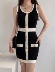 Elegant Colorblock Sleeveless Waist Knit Dress