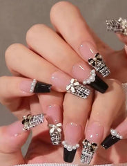 24pcs Chanel Style Bow Tie Long Press On Nails
