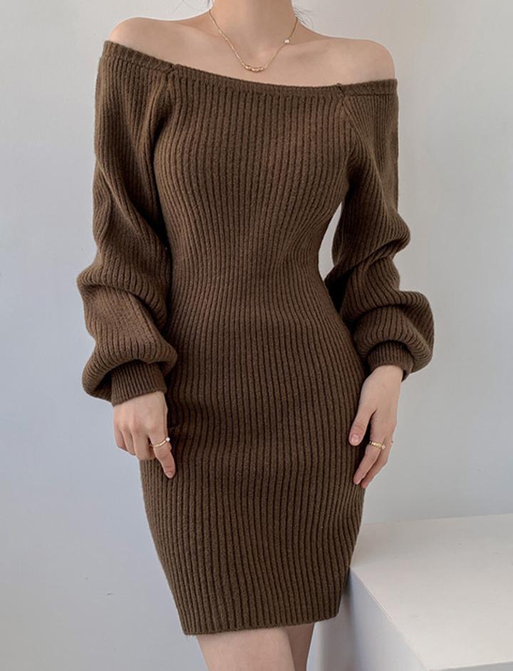 Solid Color Off Shoulder Rib Knit Dress