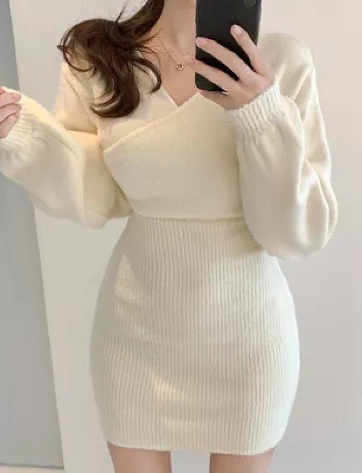 Cross V Neck Knitted Slim Long Sleeve bodycon Dress