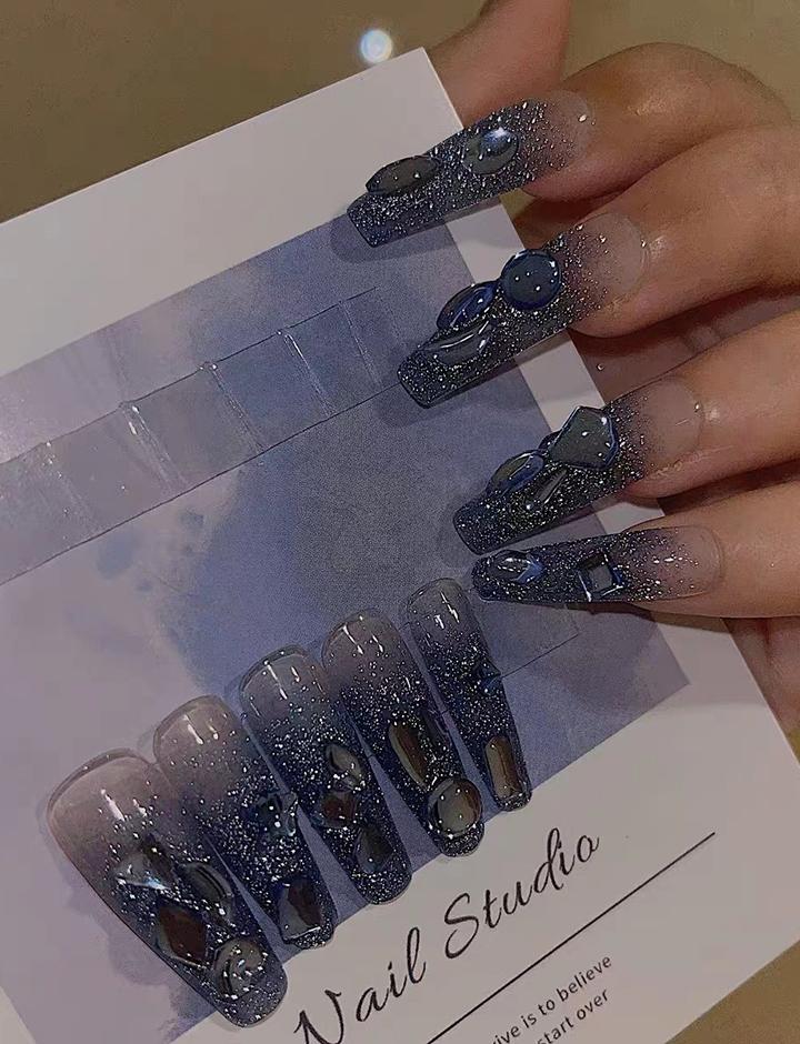 24pcs  Blue Diamond Long Press On Nails