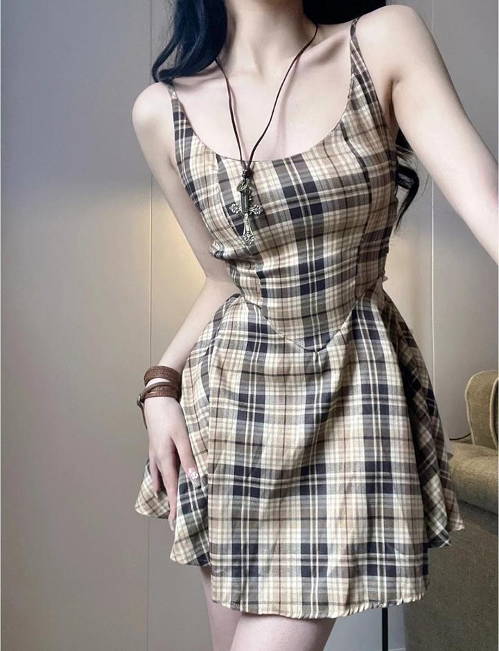 Plaid Print Bowknot Summer   Slip Short Dress