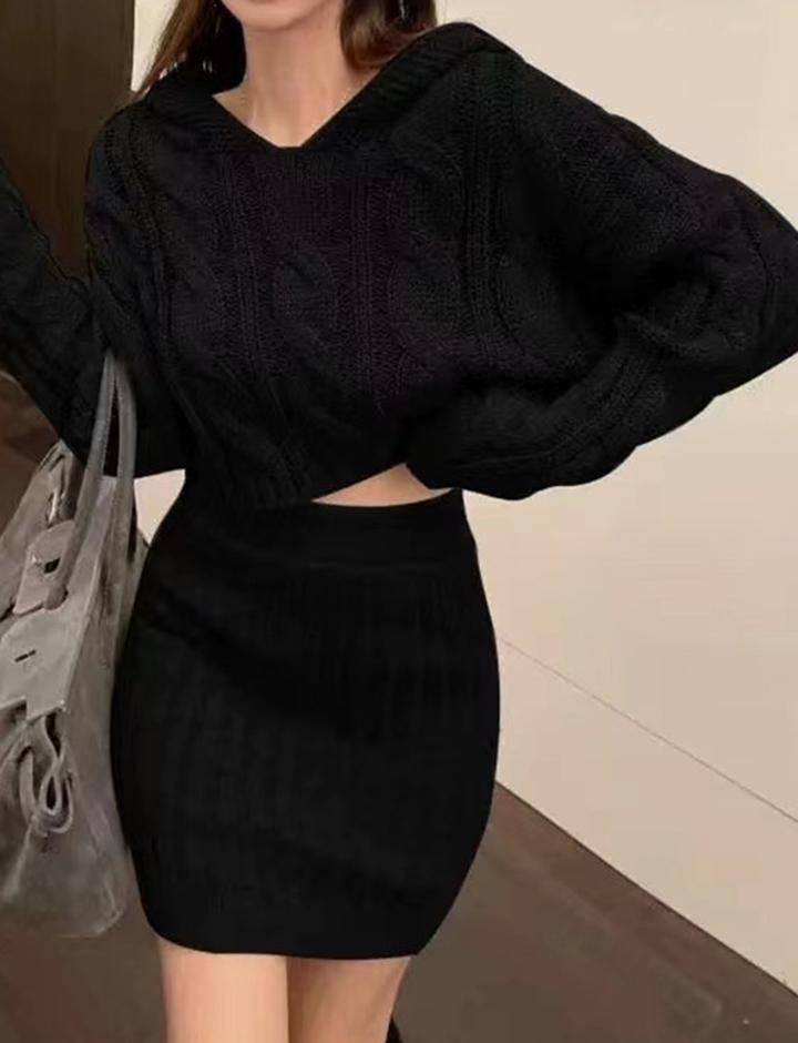 Hooded Knit Twist High Waist Skirt Set