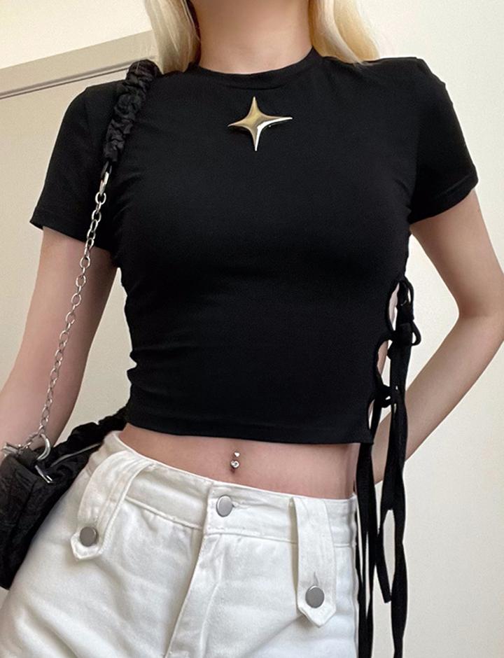 Star Graphic Cut-out Side Knot Crop Top