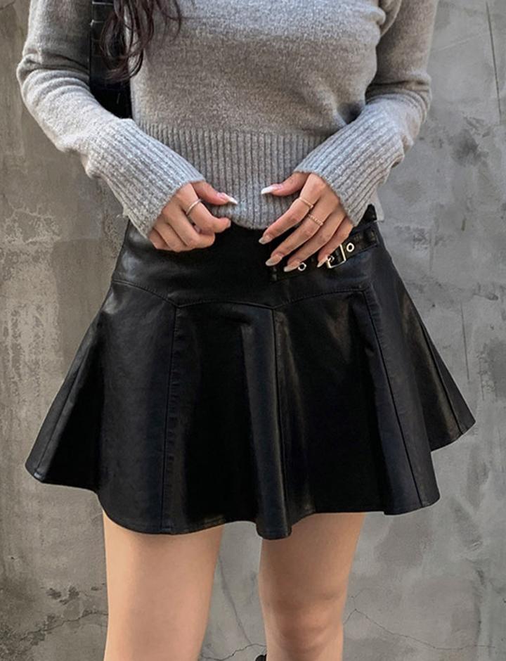 Metal Buckle Leather High Waist  A-line Pleated Skirt