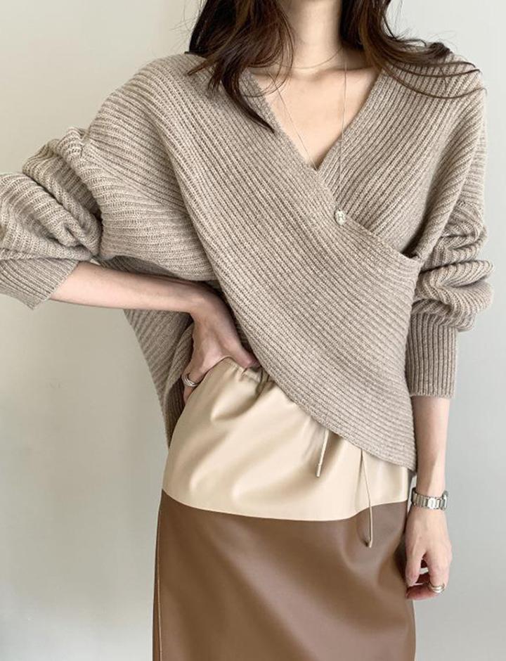 Solid Color Cross V Neck Loose Sweater For