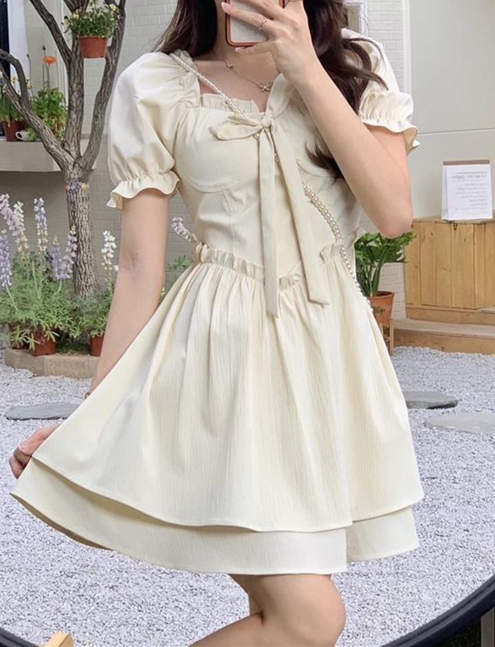 Bowknot Decor Puff Sleeve Short Dress For