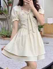 Bowknot Decor Puff Sleeve Short Dress For