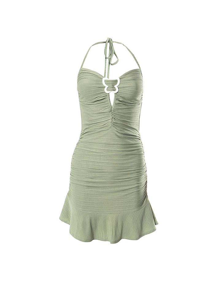 Solid Color Ruched Halter Prom Mini Dress