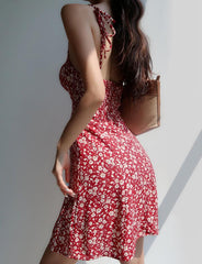 Retro Girl V Neck Red Slim Waist Bandage Floral Suspender Dress