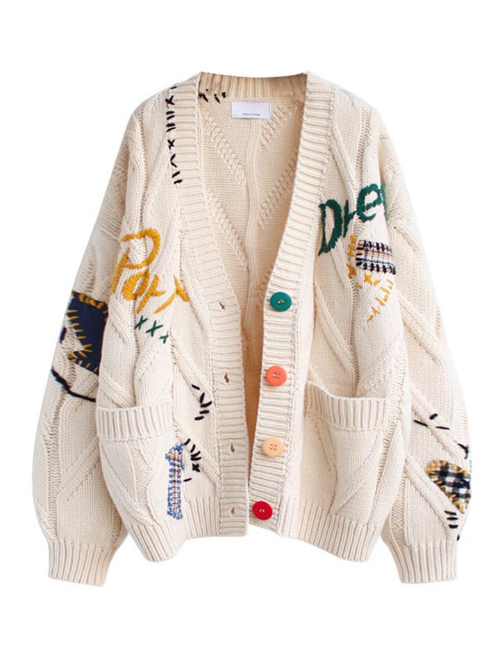 Letter Embroidered Oversized Knit Sweater For