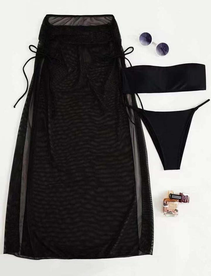 Solid Color Swimsuit   Tube Top Skirt Bikini Tthree-piece Set