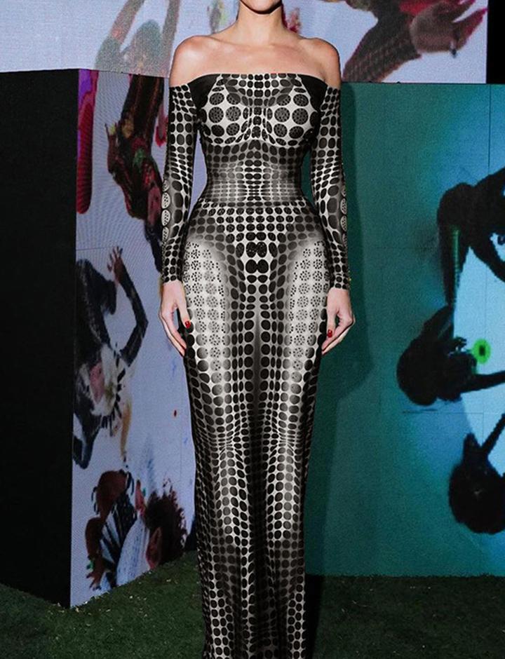 Geometric 3D Printed Neck Long Sleeve Slim Long Dress