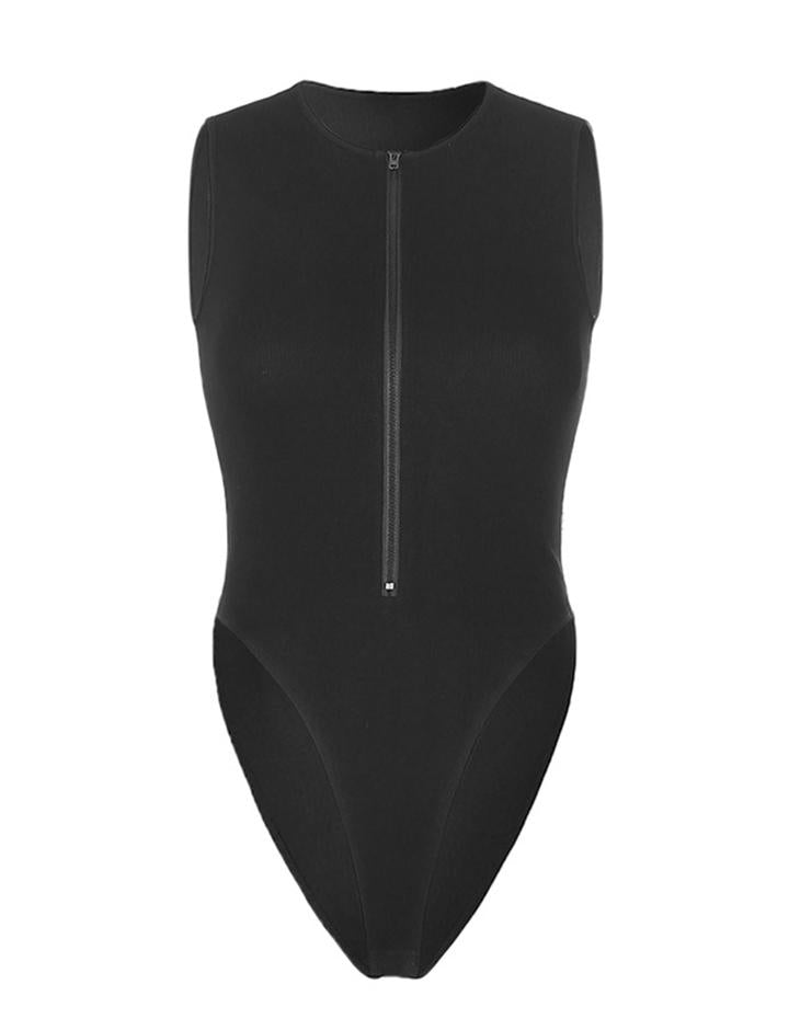Black   Sleeveless Zipper Corset  Bodysuit For