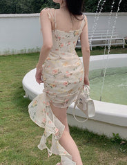 Detachable Bow Floral Drawstring Strap Slip Dress