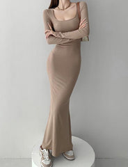 Basic Square Neck Slim Bodycon Prom Maxi Dress For