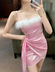 One-shoulder   Satin Fur Mosaic Suspender Dress