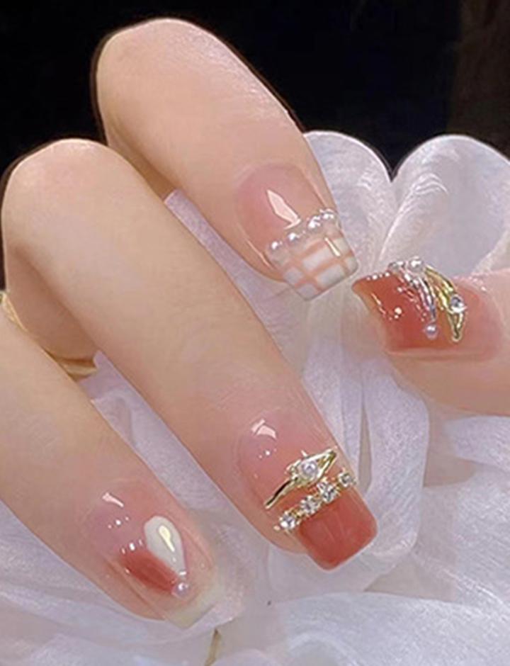 24pcs Chanel Style Pink Plaid Long Press On Nails