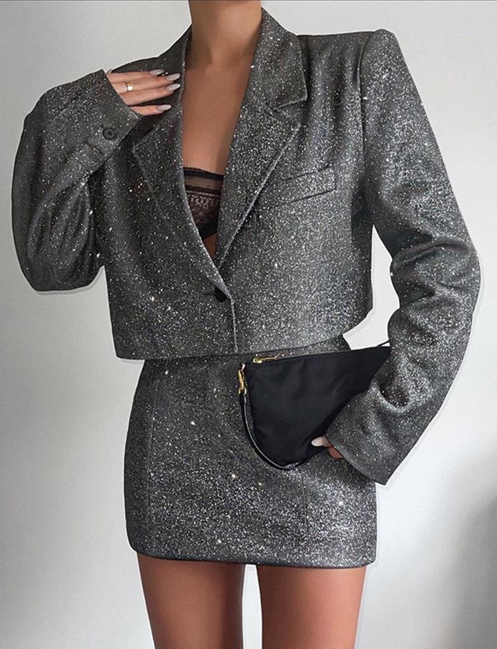 Lapel Long Sleeve High Waist  Skirt   Hot Girl Sequin Suit