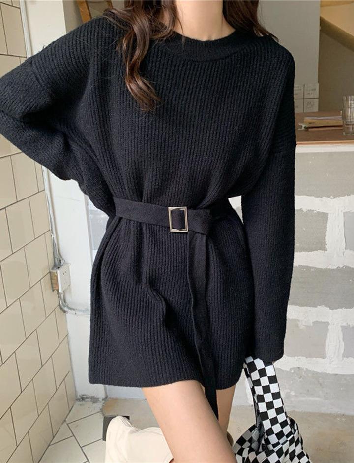 Crew-neck Baggy Belt Knit Dress