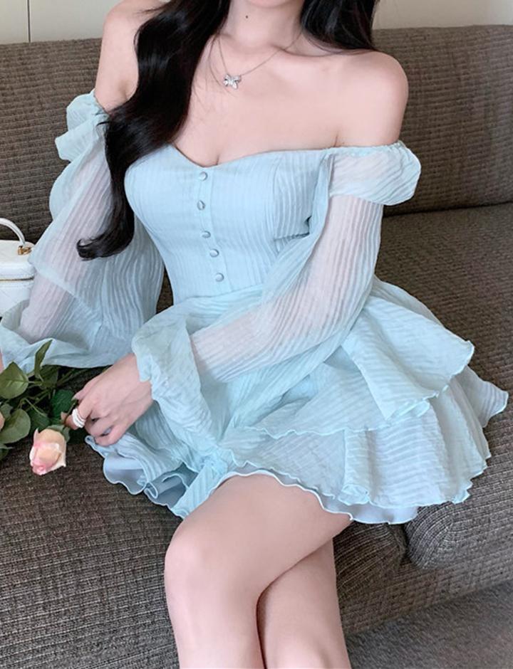 Puff Sleeve Corset Layered Hem Date Mini Dress