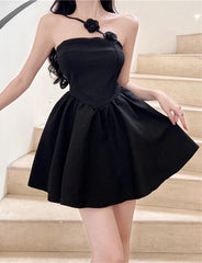 Flower Decor Strapless Black Prom Short Dress