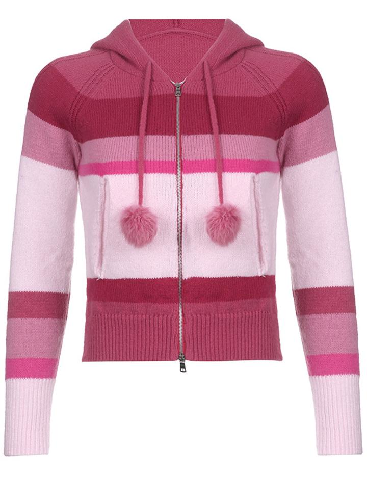Pink Cute Puff Ball Colorblock Zip Hooded Sweater