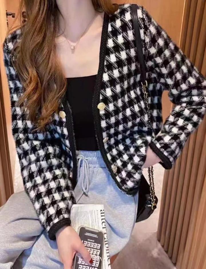 Check Button Knit Plaid Cardigan Gentle   Tops