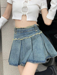 Frayed Trim Pleated Denim Skirt