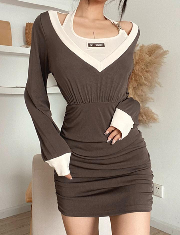 Halterneck Long Sleeve Brown Knit Short Dress