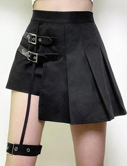 Buckle Decor Asymmetrical Pleated Skirt