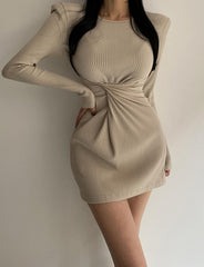 Solid Color Slim   Knot Long Sleeve Dress