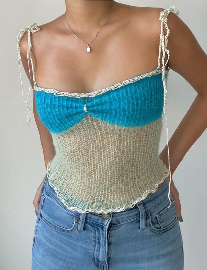 Knot Shoulder Colorblock Crochet Camisole