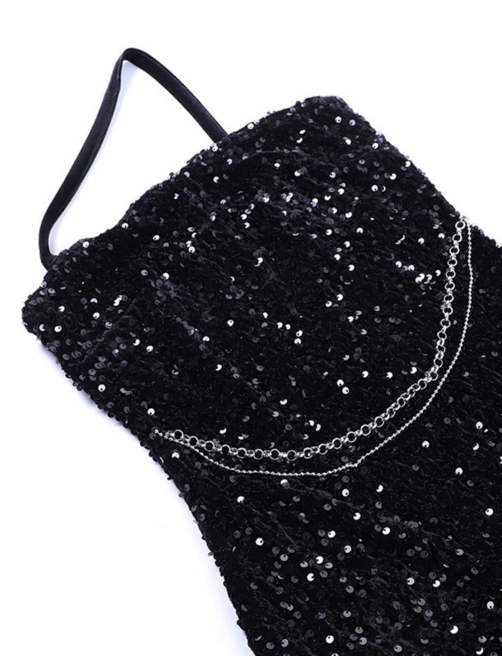 Sequins Halter Bodycon Slit Hem Black Prom Dress