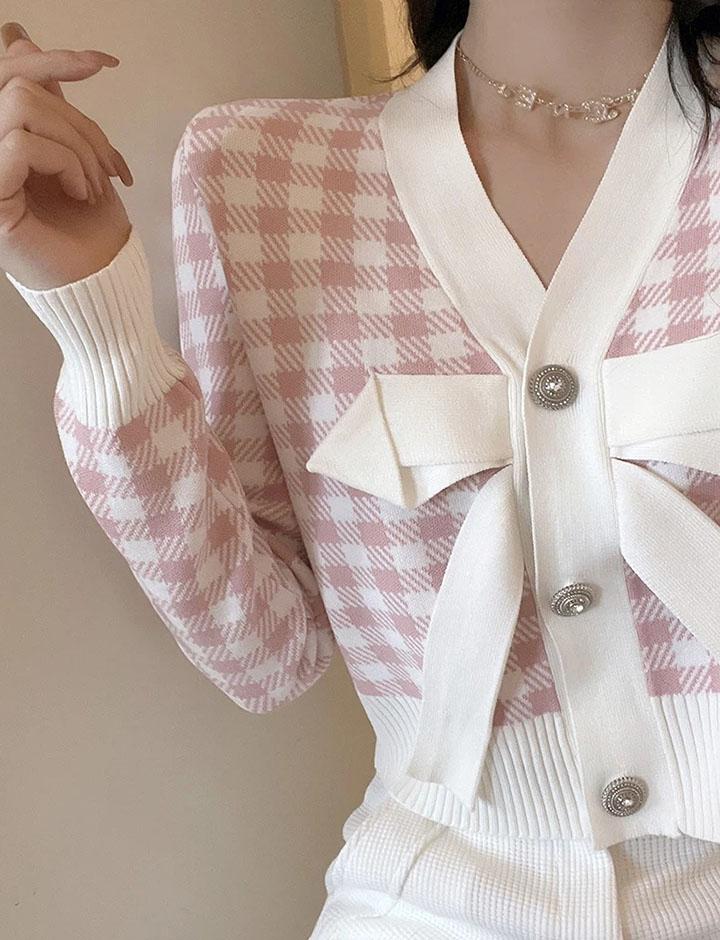 Bowknot Decor Plaid Knit Cardigan