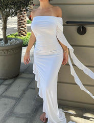 Ruffle Fringe Off Shoulder High Slit Maxi Dress