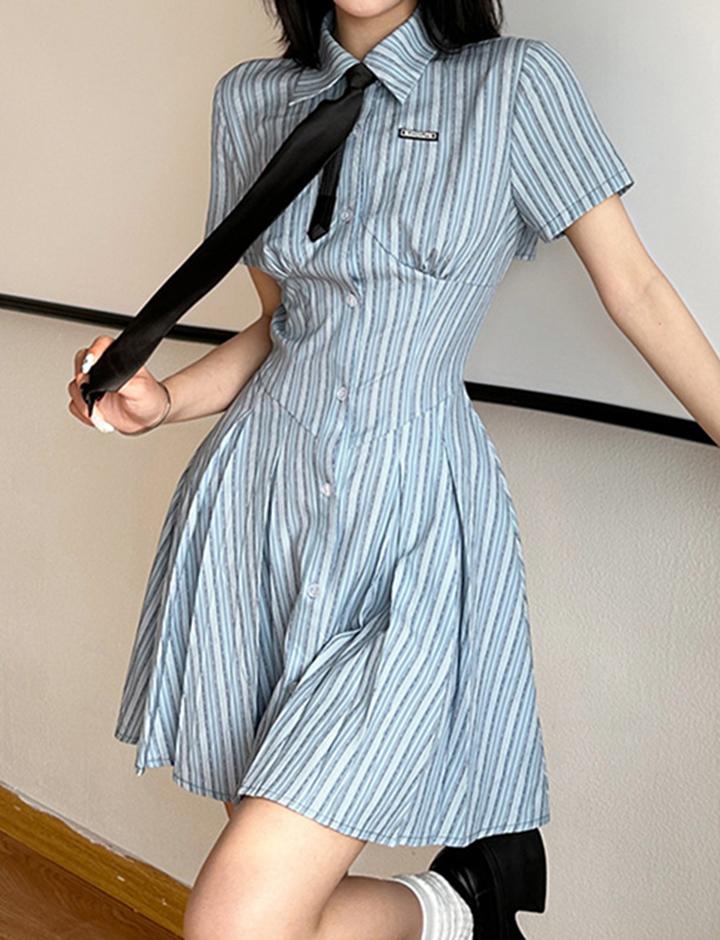 Preppy Color Contrast Stripe Short Sleeve Slip Back Tie Shirt Dress