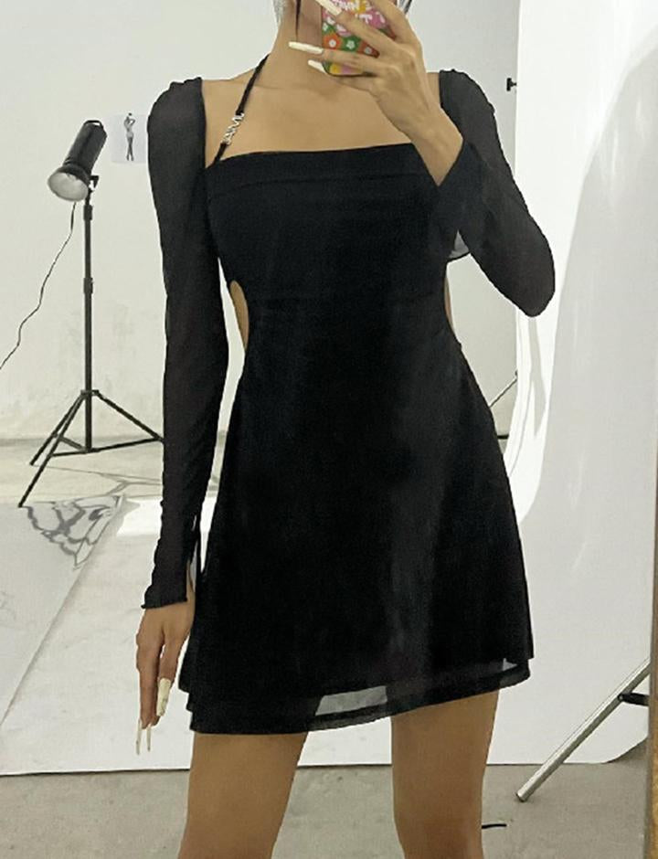 Square Neck Halter Strap Mesh Long Sleeve Dress