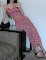 Striped Print Camisole and Crisscross Midi Skirt Two Piece Set