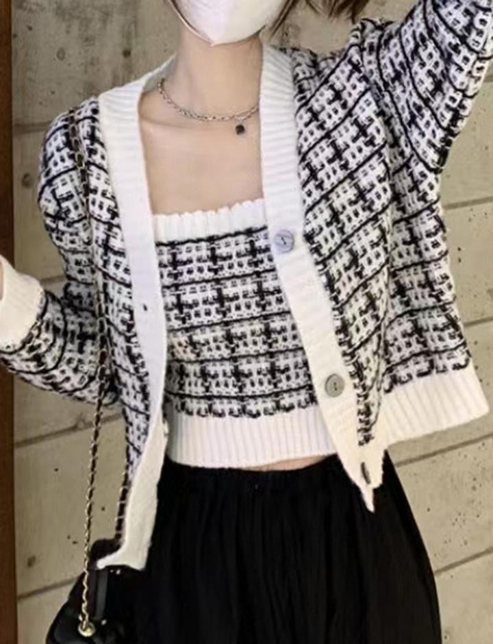 Long-sleeved Cropped Cardigan Vest Plaid Two-Piece Set