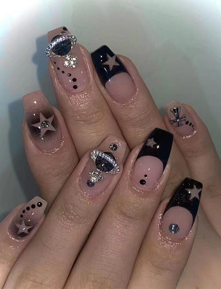 24pcs  Hollow out stars  Long Press On Nails