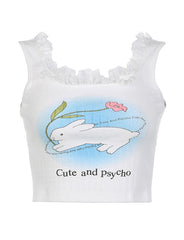 Cute Rabbit Print Lace Decor Tank Top For