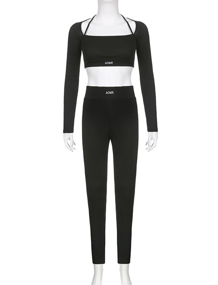Knit Tight Tracksuit Long Sleeve Short Top Leggings Two Piece Sets
