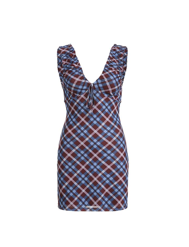 Retro Classic Plaid V Neck A Line Slim Mini Dress Summer